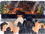 戦乱が起こり火の手が上がっているイラスト