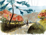 陸奥への旅先で歩いている西行法師のイラスト