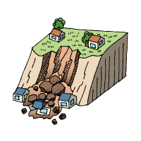 山の一部が崩れ、土砂が民家に流れこんでいる土砂崩れのイラスト