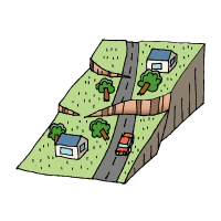 急な斜面の一部がすべり、木々が倒れ、地面に段差が出来ている地すべりのイラスト