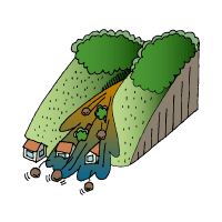 山腹の一部の土砂が住宅のある下流へと流れだしている土石流のイラスト