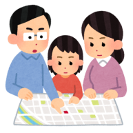 地図を見ながら家族会議をしているイラスト