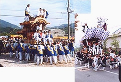 上に人が乗っている神輿を担いだり、だんじりを曳くだんじり祭りの様子の写真