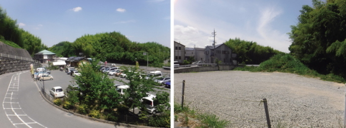 左:沢山の車が駐車している現在の道の駅かなんの写真、右:更地に整備された建設予定地の写真