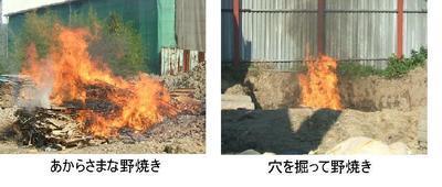 左：広い土地で野焼きが行われている写真、右：穴の中から火が出ている野焼きの写真