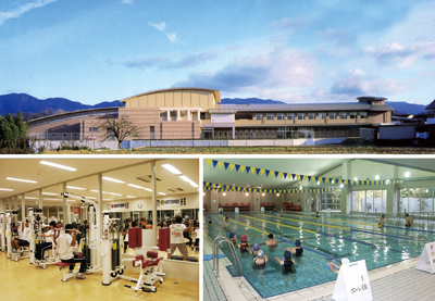 上：総合保健福祉センターの建物外観写真、左下：ジムのマシンでトレーニングをしている利用者の写真、右下：プールでレッスンを受ける会員の写真