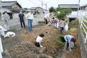 クリーンキャンペーン参加者たちが道路横の草が生えた水路付近を、ごみ袋を持って掃除している写真